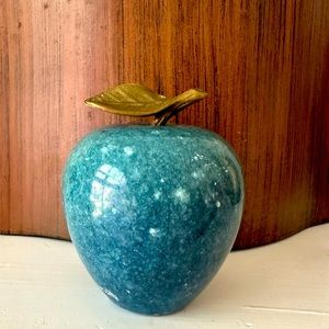 Mid century marble apple Paperweight with Brass Stem blue turquoise